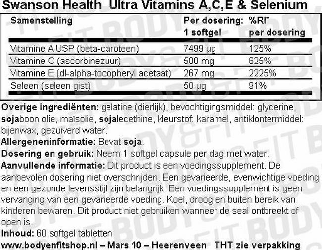 Swanson Ultra Vitamins A, C, E & Selenium - 60 softgels Nutritional Information 1