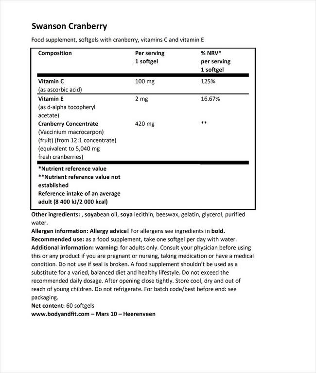 Ultra Super-Strength Cranberry Conc. Nutritional Information 1