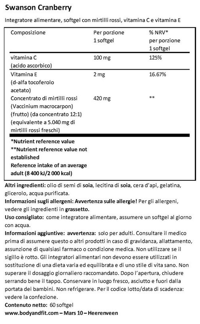 Ultra Super-Strength Cranberry Conc. Nutritional Information 1