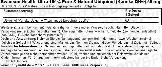 Ultra 100% Pure & Natural Ubiquinol (Kaneka QH®) 50 mg Nutritional Information 1