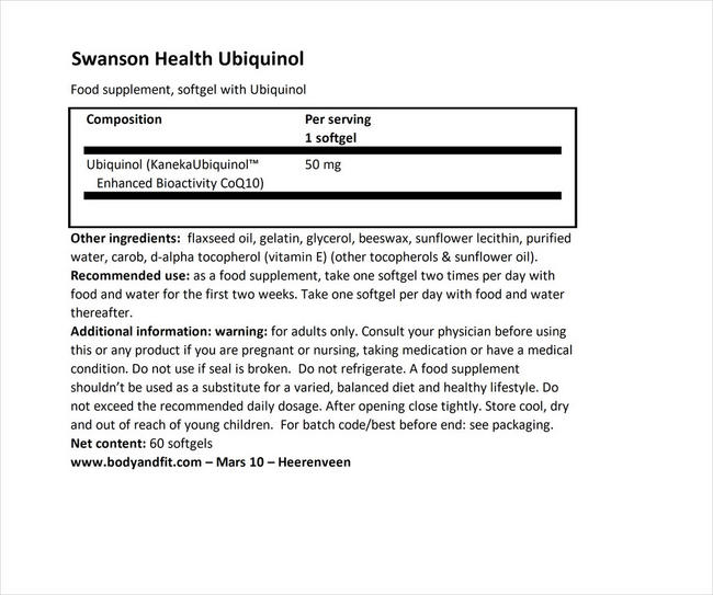 Ultra 100% Pure & Natural Ubiquinol (Kaneka QH®) 50mg Nutritional Information 1