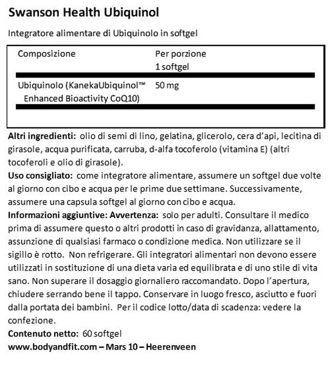 Ultra 100% Pure & Natural Ubiquinol (Kaneka QH®) 50 mg Nutritional Information 1