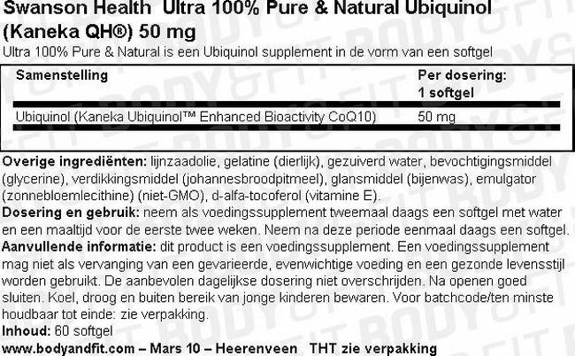 Ultra 100% Pure & Natural Ubiquinol (Kaneka QH®) 50mg Nutritional Information 1