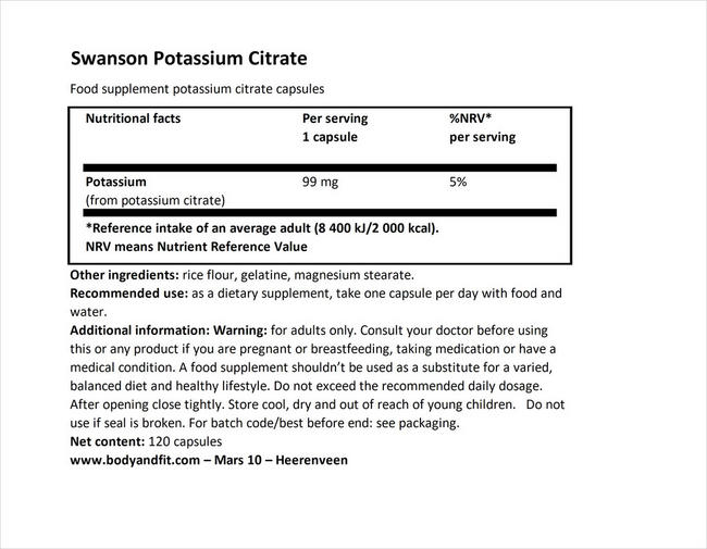 Ultra Potassium Citrate 99mg Nutritional Information 1