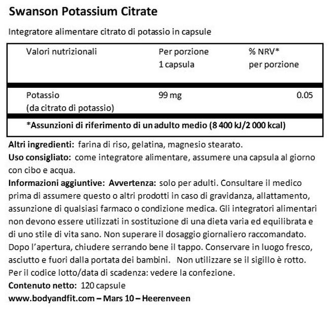 Ultra Potassio Citrato 99mg Nutritional Information 1