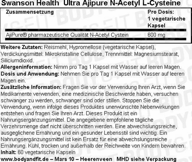 Ultra Ajipure N-Acetyl L-Cysteine Nutritional Information 1