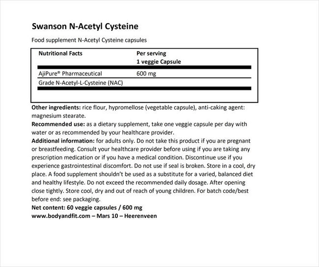 Ultra Ajipure N-Acetyl L-Cysteine Nutritional Information 1