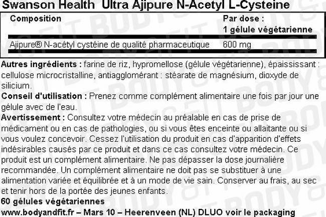 Gélules Ultra Ajipure N-Acetyl-L-Cysteine Nutritional Information 1