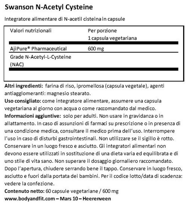 Ultra Ajipure N-Acetyl L-Cysteine Nutritional Information 1