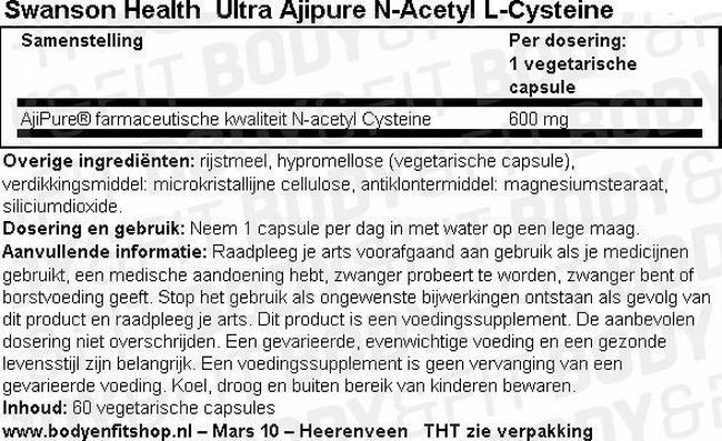 Ultra Ajipure N-Acetyl L-Cysteine Nutritional Information 1
