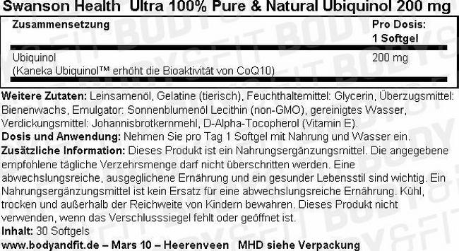 Ultra 100% Pure&Natural Ubiquinol 200 mg Nutritional Information 1
