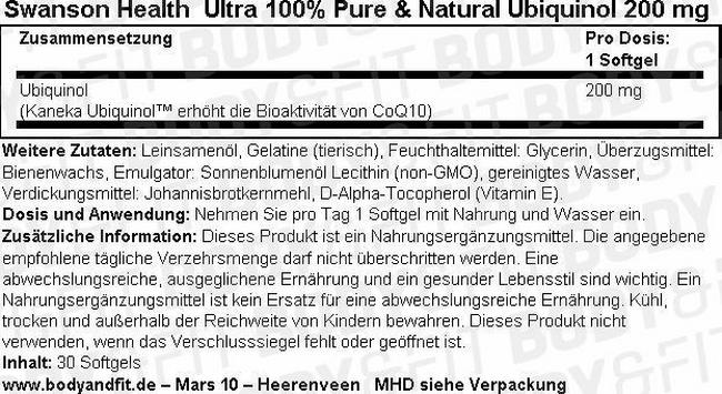 Ultra 100% Pure&Natural Ubiquinol 200mg Nutritional Information 1