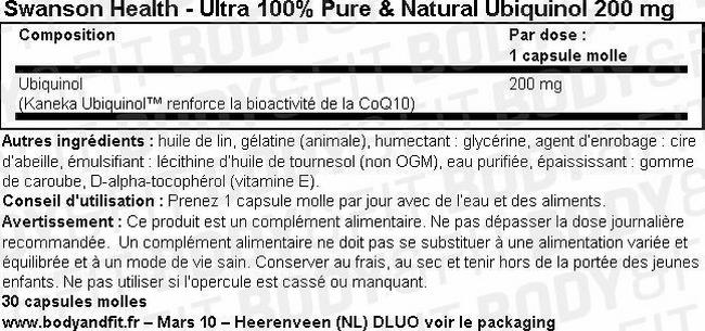 Ultra 100% Pure&Natural Ubiquinol 200mg Nutritional Information 1