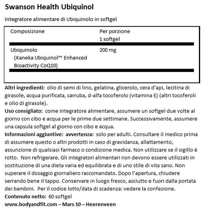 Ultra 100% Pure & Natural Ubiquinol 200 mg Nutritional Information 1