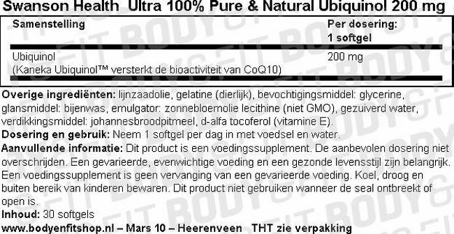 Ultra 100% Pure&Natural Ubiquinol 200mg Nutritional Information 1