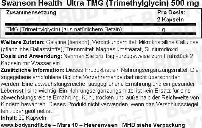 Ultra TMG (Trimethylglycine) 500 mg Nutritional Information 1