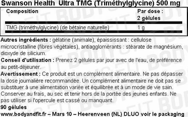 Ultra TMG (Trimethylglycine) 500mg Nutritional Information 1