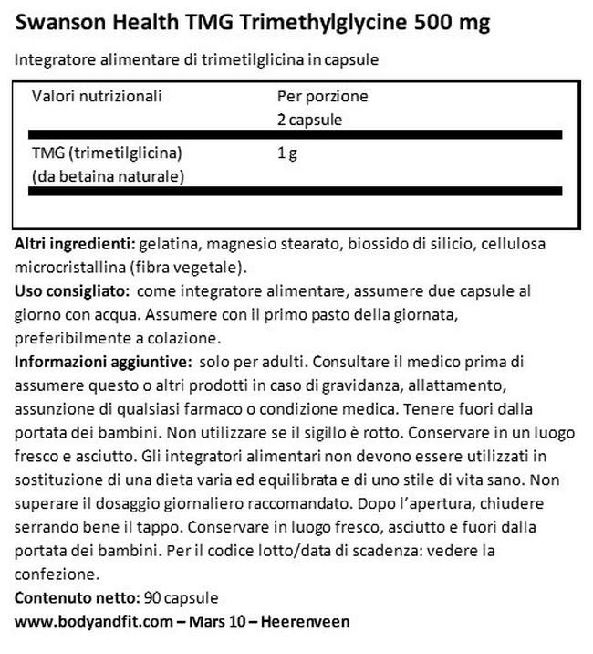 Ultra TMG (Trimethylglycine) 500 mg Nutritional Information 1
