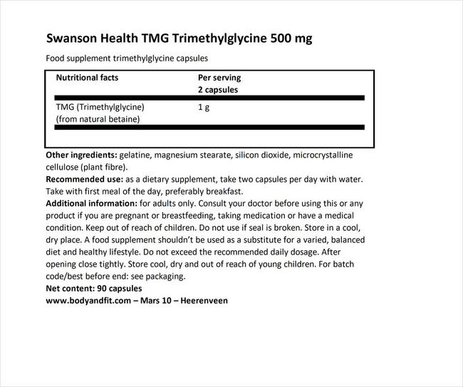 Ultra TMG (Trimethylglycine) 500mg Nutritional Information 1