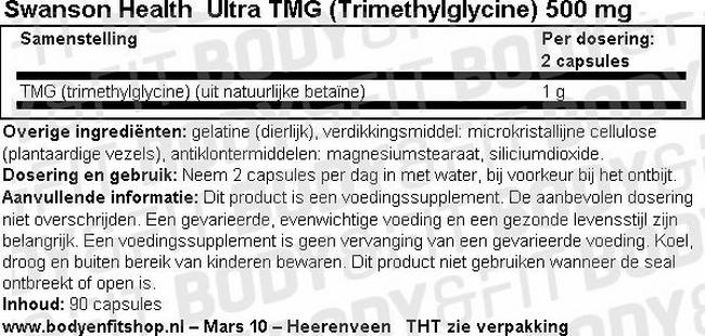 Ultra TMG (Trimethylglycine) 500mg Nutritional Information 1