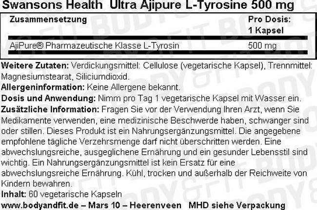 Ultra Ajipure L-Tyrosine 500 mg Nutritional Information 1