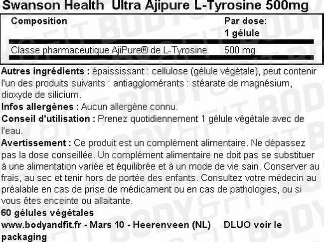 Ultra Ajipure L-Tyrosine 500mg Nutritional Information 1