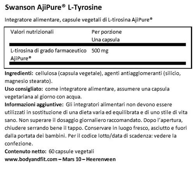 Ultra Ajipure L-Tyrosine 500mg Nutritional Information 1