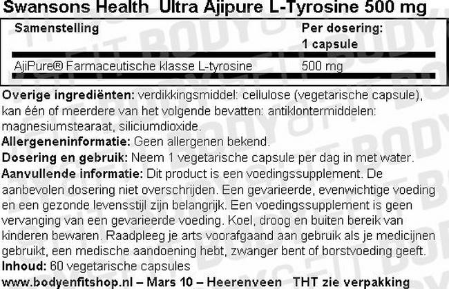 Ultra Ajipure L-Tyrosine 500mg Nutritional Information 1