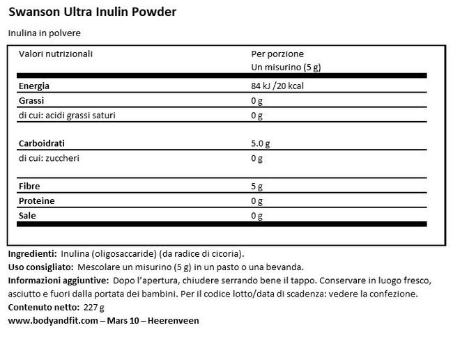 Ultra Inulin Powder Nutritional Information 1