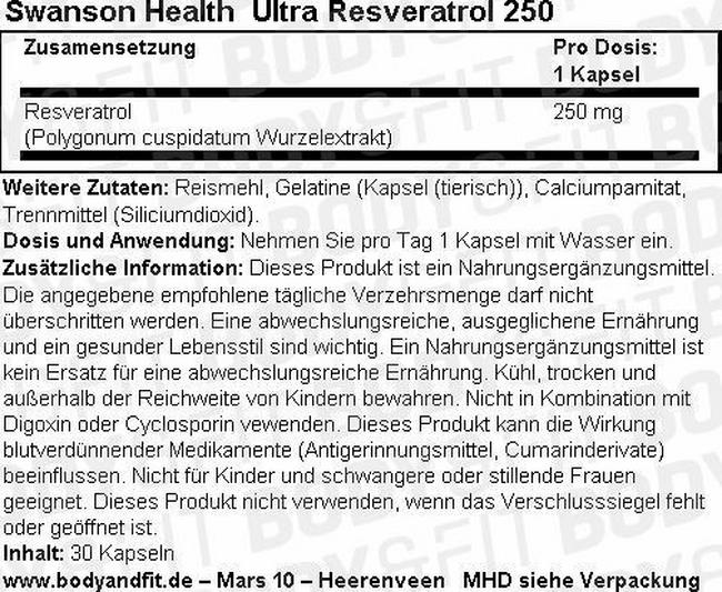 Ultra Resveratrol 250 (250 mg) Nutritional Information 1