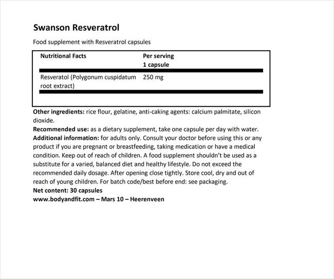 Ultra Resveratrol 250 (250mg) Nutritional Information 1