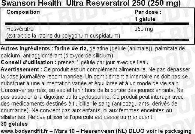 Ultra Resveratrol 250 (250mg) Nutritional Information 1