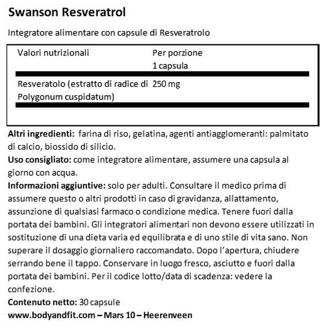 Ultra Resveratrolo 250 mg Nutritional Information 1