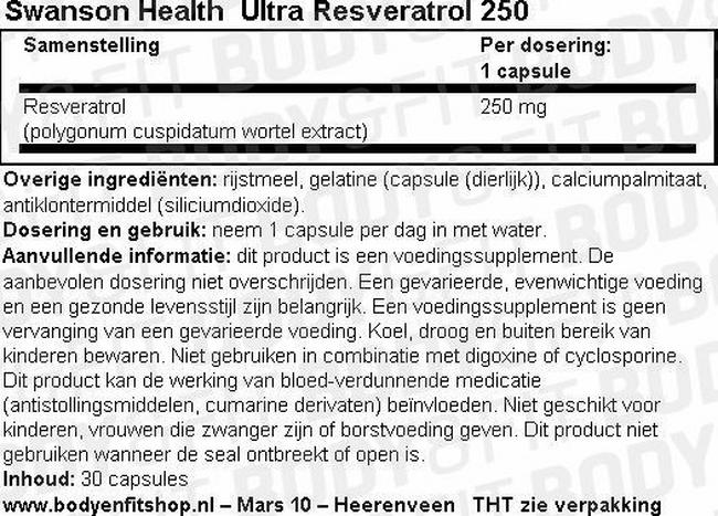 Ultra Resveratrol 250 (250mg) Nutritional Information 1