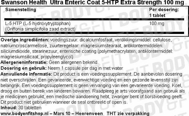 Ultra Enteric Coat 5-HTP Extra Strength 100mg Nutritional Information 1