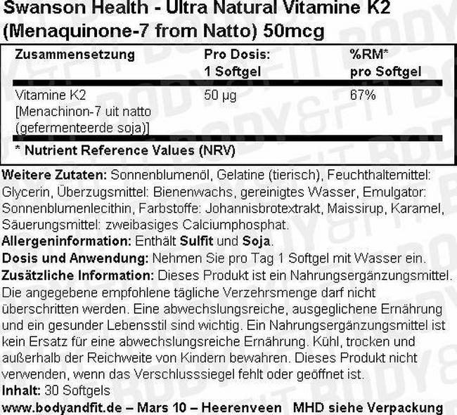 Ultra Natural Vitamine K2 (Menaquinone-7 from Natto) 50 mcg Nutritional Information 1