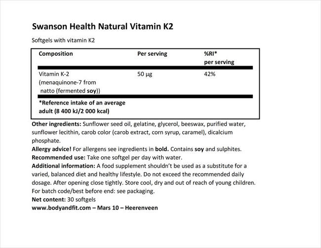 Capsules molles Ultra Natural Vitamine K2 (Menaquinone-7 from Natto) 50 µg Nutritional Information 1