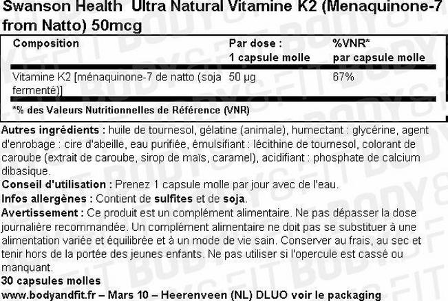 Capsules molles Ultra Natural Vitamine K2 (Menaquinone-7 from Natto) 50 µg Nutritional Information 1