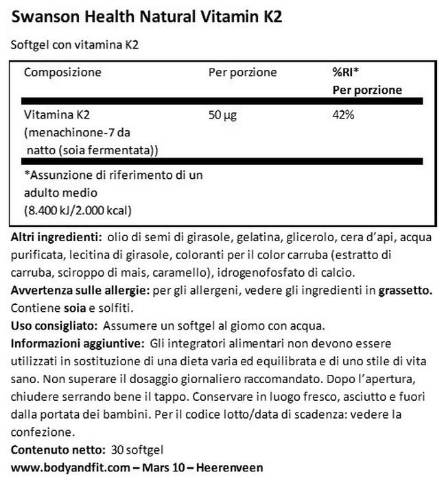 Ultra Natural Vitamine K2 (Menaquinone-7 from Natto) 50 µg Nutritional Information 1