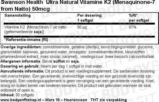 Ultra Natural Vitamine K2 (Menaquinone-7 from Natto) 50mcg Nutritional Information 1