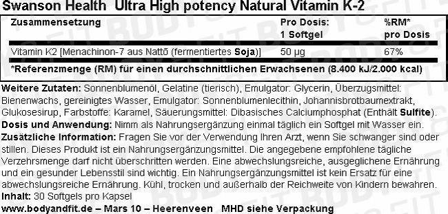 Ultra High Potency Natural Vitamin K2 Nutritional Information 1
