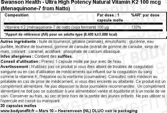 Capsules molles de vitamine K2 Ultra High Potency Natural Vitamin K2 Nutritional Information 1