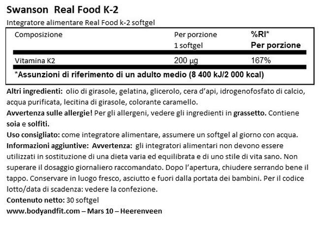 Ultra High Potency Vitamina K2 Nutritional Information 1