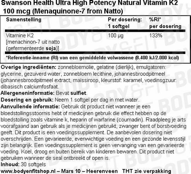 Ultra High Potency Natural Vitamin K2 Nutritional Information 1