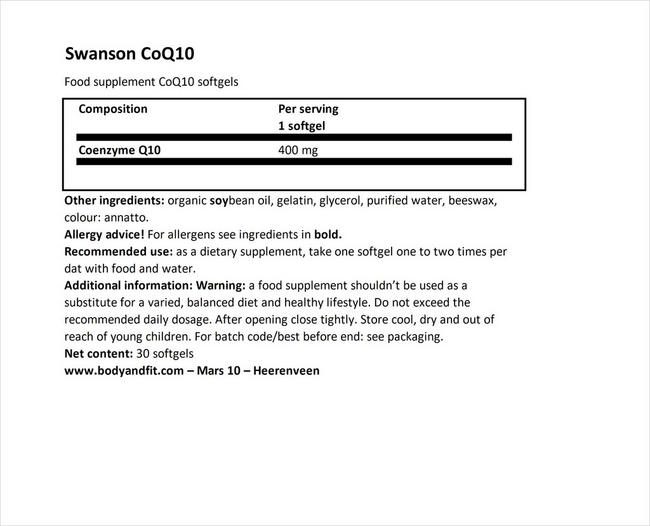 Ultra CoQ10 400mg Nutritional Information 1