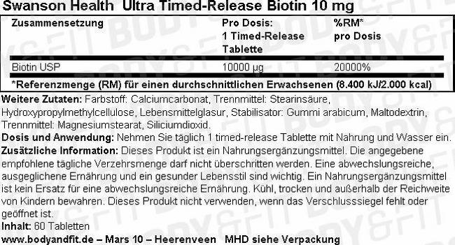 Ultra Timed-Release Biotin 10 mg Nutritional Information 1