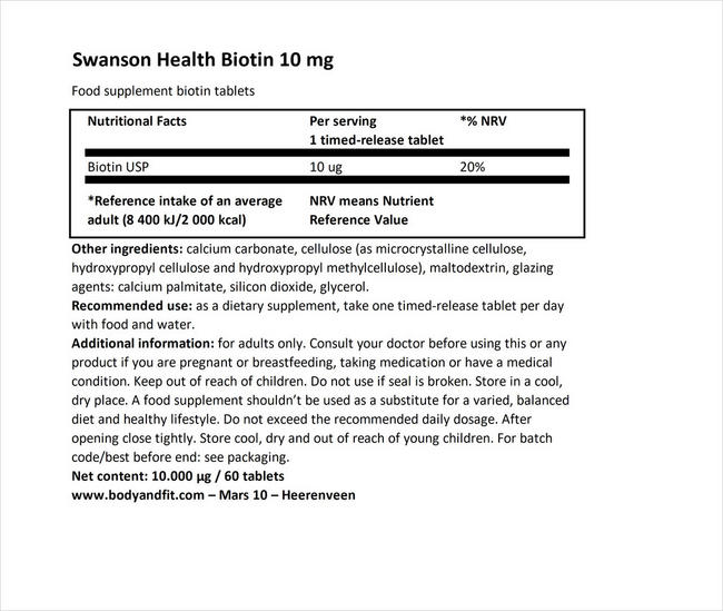 Ultra Timed-Release Biotin 10mg Nutritional Information 1