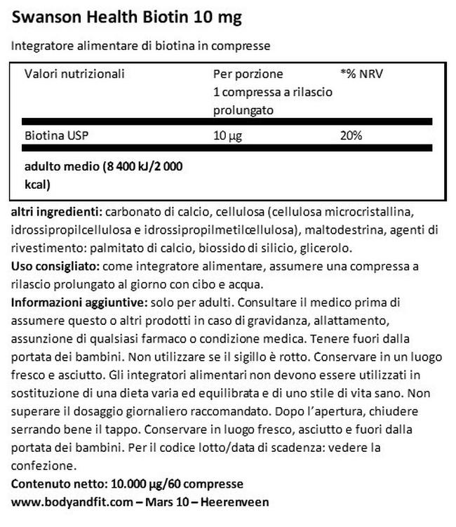 Ultra Biotina a rilascio prolungato 10 mg Nutritional Information 1