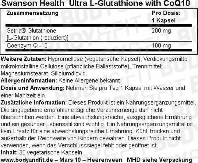 Ultra L-Glutathione W/CoQ10 Nutritional Information 1