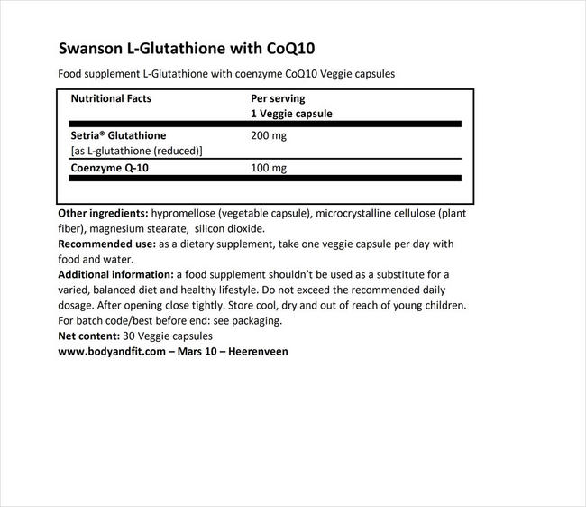 Ultra L-Glutathione W/CoQ10 Nutritional Information 1